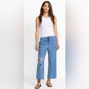 Johnny Was Sarabi Pull On Jean Denim Cropped Pants Palm Tree Embroidery Size XS